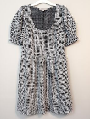 Loft Grey/Black Small Petite Mini Houndstooth Knit Puff Sleeve A-Line Dress LN!
